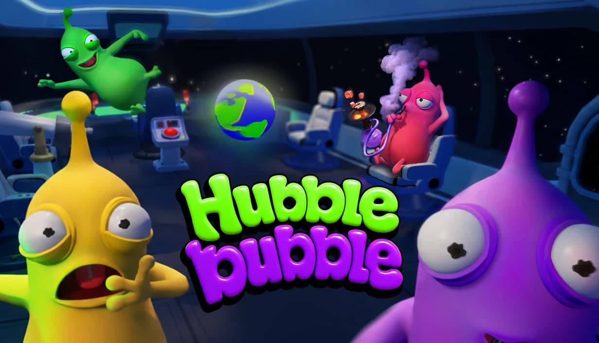 The crew and their alien customers inside the lounge, with the Hubble Bubble logo in the center.