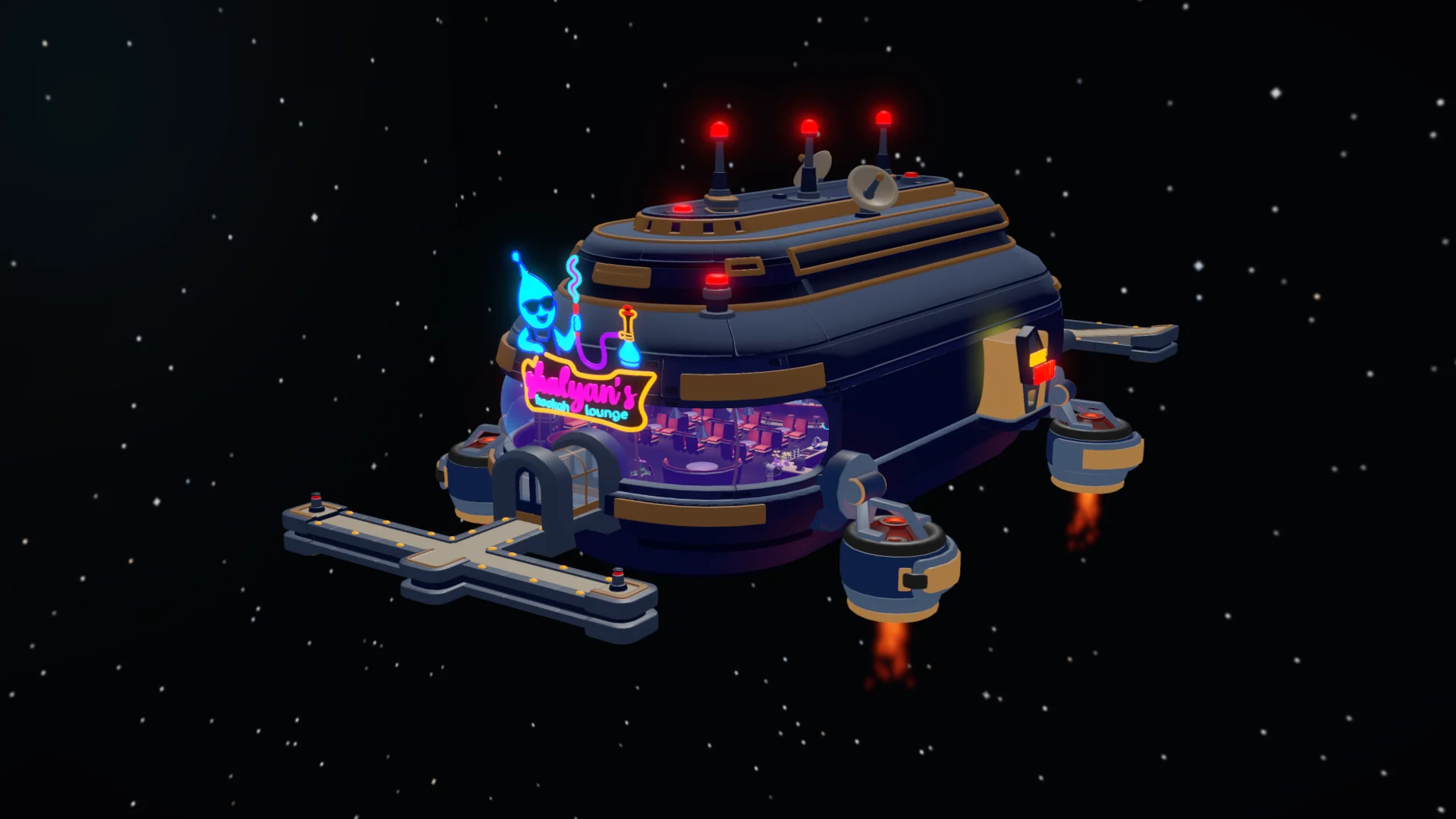 Ghalyan's Hookah Lounge from outside, with its neon sign, landing pier and engines.